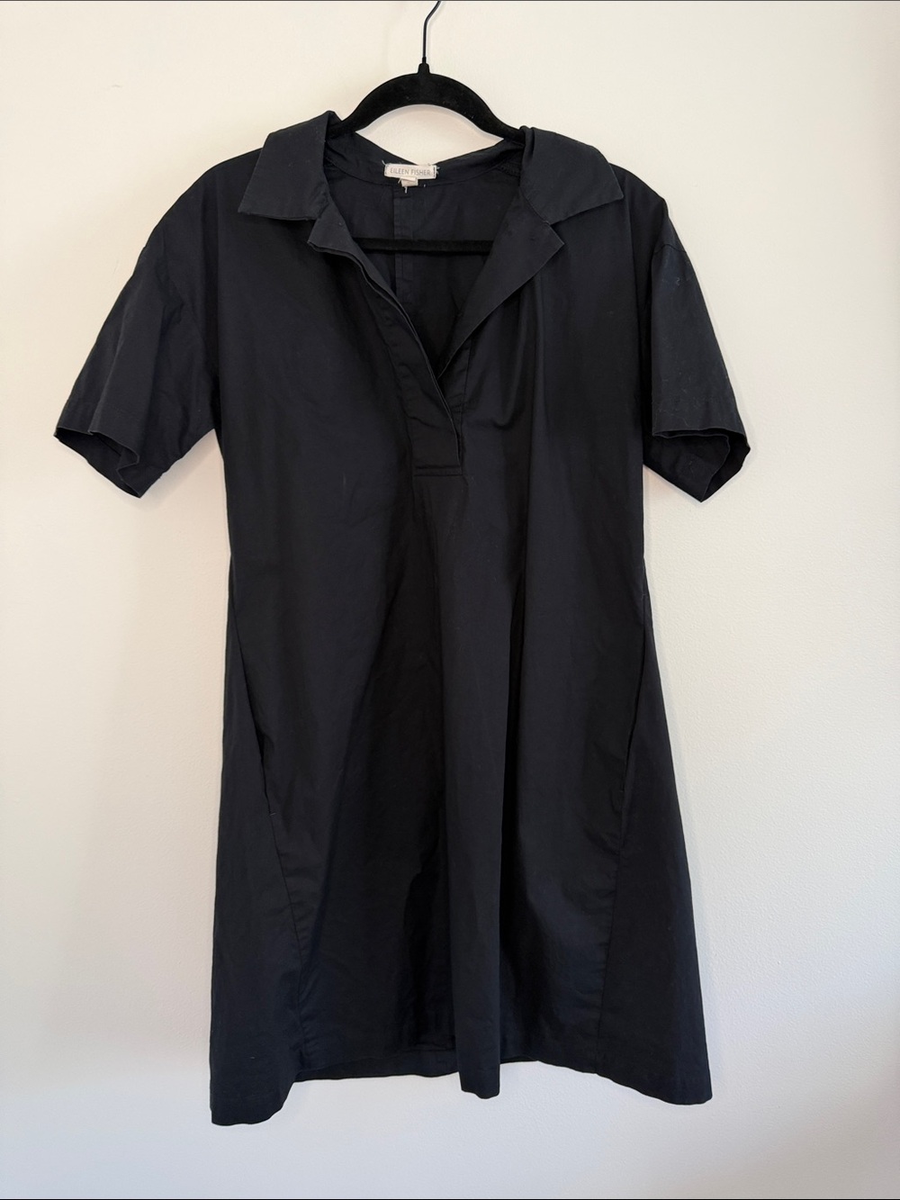 Eileen Fisher Black Short-Sleeve Collared Cotton Dress Size Medium